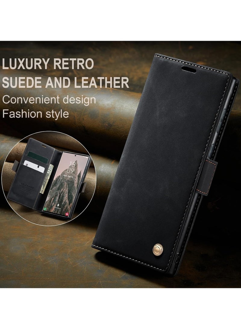 جراب محفظة جلدي قلاب عتيق لهاتف Galaxy S26 Ultra مع حامل بطاقات، وتقنية حجب RFID، وإغلاق مغناطيسي، وغطاء مقاوم للصدمات مع مسند - أسود - Image 4