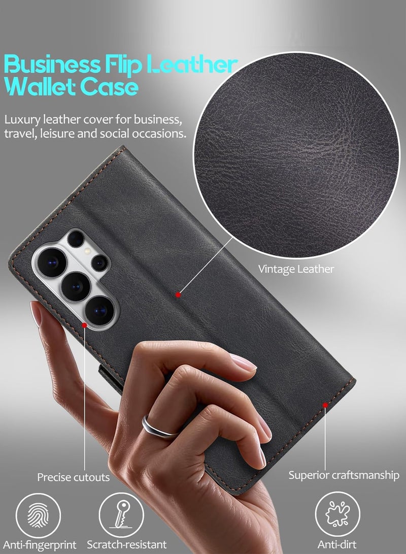 جراب محفظة جلدي قلاب عتيق لهاتف Galaxy S26 Ultra مع حامل بطاقات، وتقنية حجب RFID، وإغلاق مغناطيسي، وغطاء مقاوم للصدمات مع مسند - أسود - Image 5
