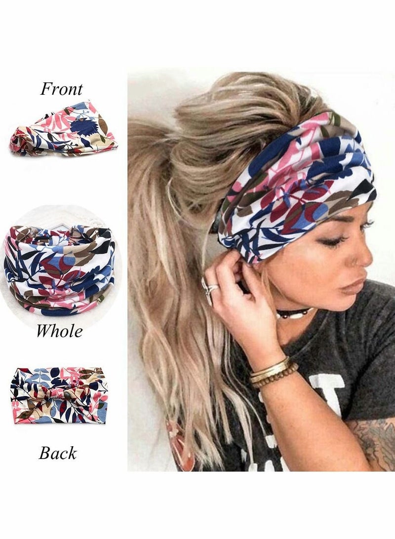إسكدنيا Boho Bandeau Headbands, Wide Knot Hair Scarf Floral Printed Band Elastic Turban Thick Head Wrap Stretch Fabric Cotton Bands Fashion Accessories for Women, 3 Pcs, Style C - Image 2
