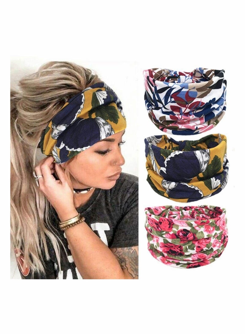 إسكدنيا Boho Bandeau Headbands, Wide Knot Hair Scarf Floral Printed Band Elastic Turban Thick Head Wrap Stretch Fabric Cotton Bands Fashion Accessories for Women, 3 Pcs, Style C - Image 1