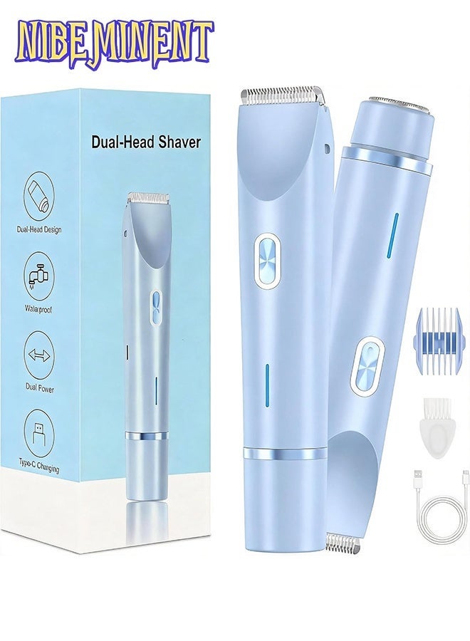 NIBEMINENT Women Bikini Electric Shaver,2 in 1 Dual Head Bikini Trimmer for Women,Cordless Rechargeable & IPX7 Waterproof Electric Razors Wet & Dry Use,Painless Hair Removal(Blue) - Image 1
