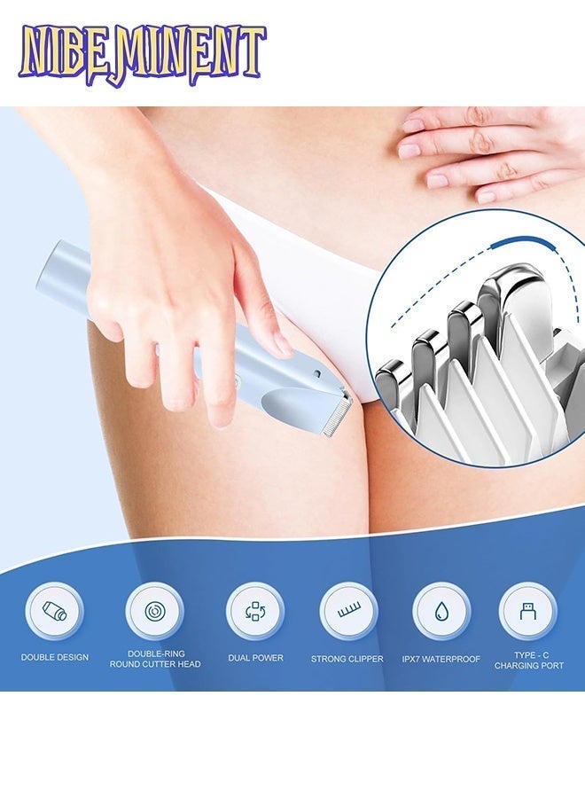 NIBEMINENT Women Bikini Electric Shaver,2 in 1 Dual Head Bikini Trimmer for Women,Cordless Rechargeable & IPX7 Waterproof Electric Razors Wet & Dry Use,Painless Hair Removal(Blue) - Image 4