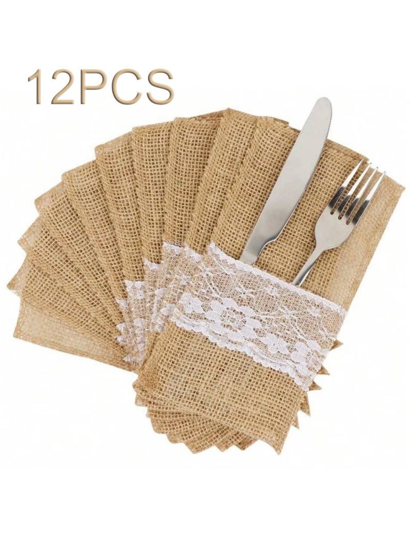 Unewshi 12-Piece Burlap Lace Utensil Holders for Vintage Rustic Weddings & Parties - Linen Cutlery Pouch Bags for Knives, Forks & Silverware Decor (Bridal Shower, Reception Tableware)  - Image 1