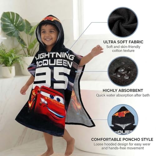 Athom Trendz Athom Living Hooded Poncho Towel for Kids | Quick Dry, Highly Absorbent Pure Cotton Bath Towel | Soft Lightweight Baby Wrap for Beach | 60x120cm, 350 GSM (Disney Cars-Black) - Image 4
