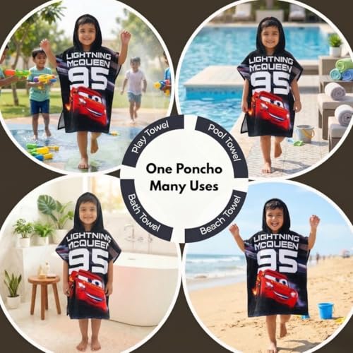 Athom Trendz Athom Living Hooded Poncho Towel for Kids | Quick Dry, Highly Absorbent Pure Cotton Bath Towel | Soft Lightweight Baby Wrap for Beach | 60x120cm, 350 GSM (Disney Cars-Black) - Image 5