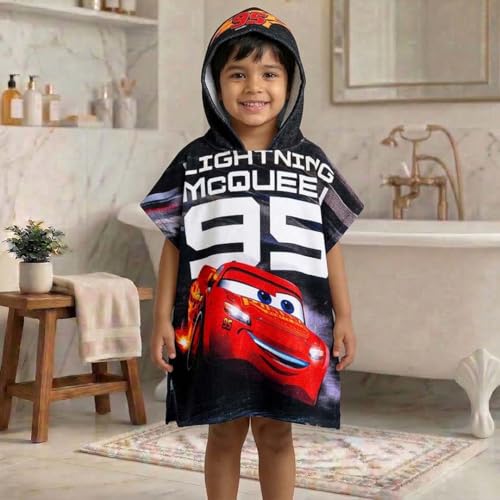 Athom Trendz Athom Living Hooded Poncho Towel for Kids | Quick Dry, Highly Absorbent Pure Cotton Bath Towel | Soft Lightweight Baby Wrap for Beach | 60x120cm, 350 GSM (Disney Cars-Black) - Image 1