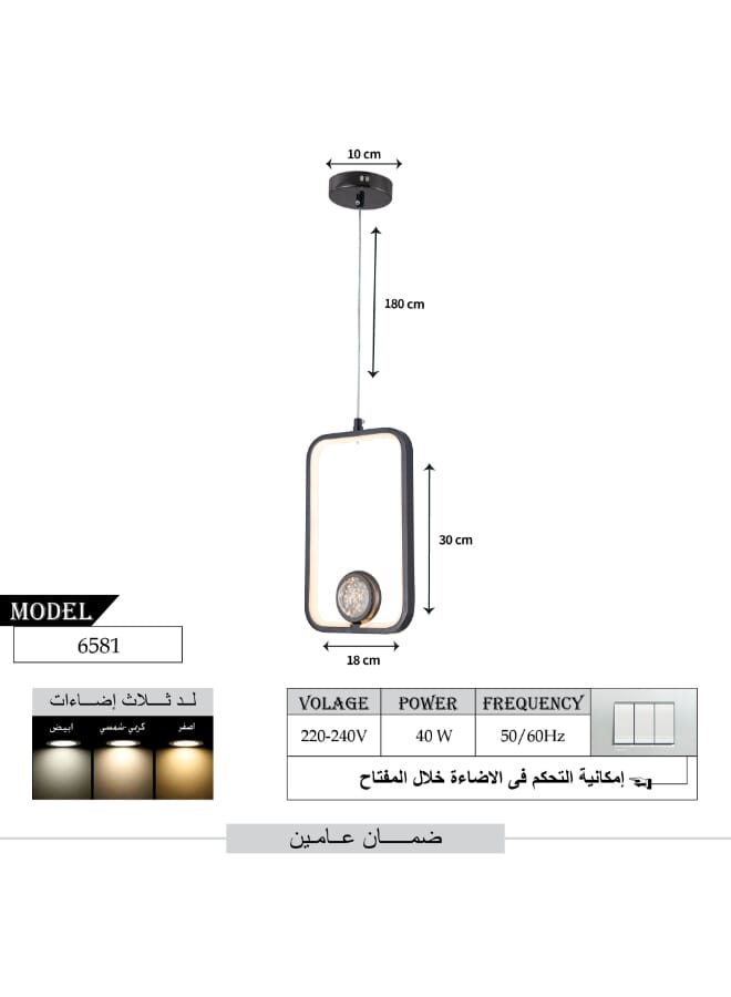 Best Power Modern LED Pendant Light 6581-BK with Black Frame & Crystal Accent – 3 Brightness Levels 40W Adjustable Height for Living Rooms, Dining Rooms & Bedrooms - Image 2