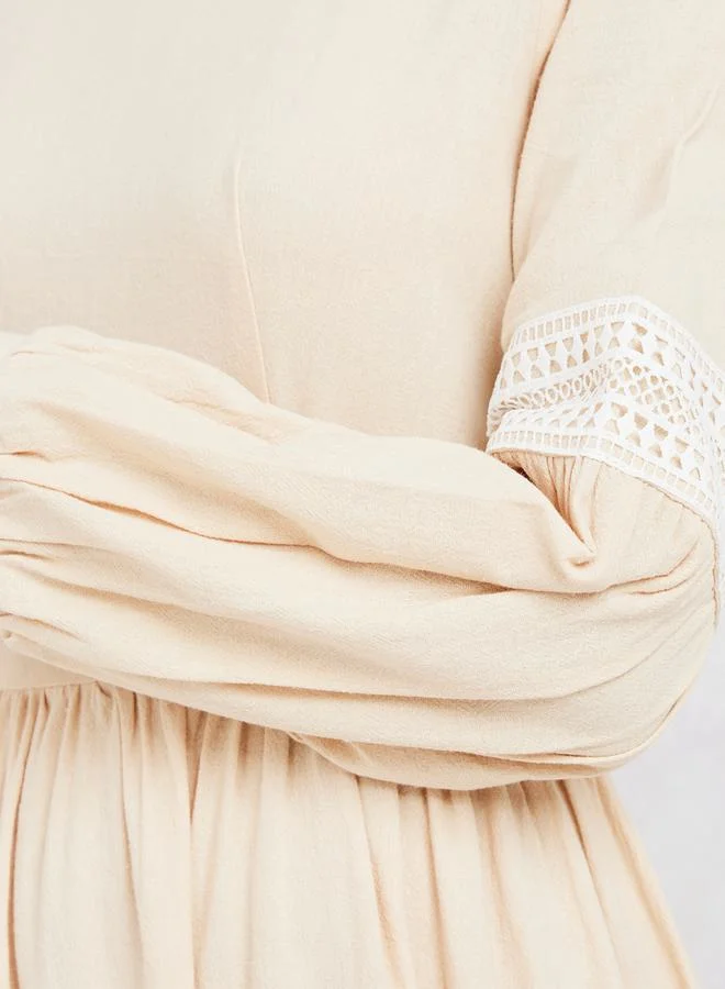 Styli Lace Detail Sleeves High Neck A-Line Maxi Dress
