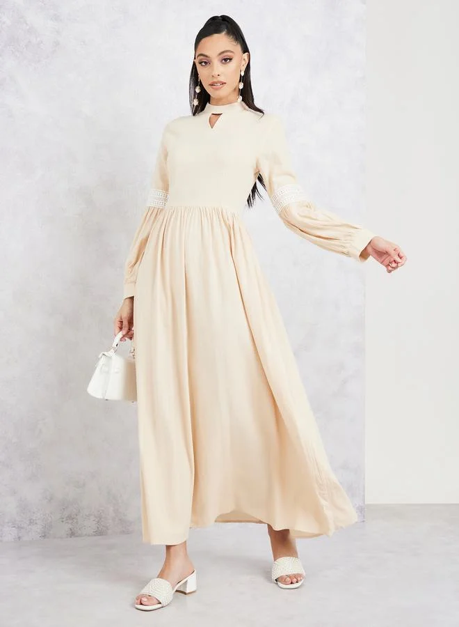 Styli Lace Detail Sleeves High Neck A-Line Maxi Dress