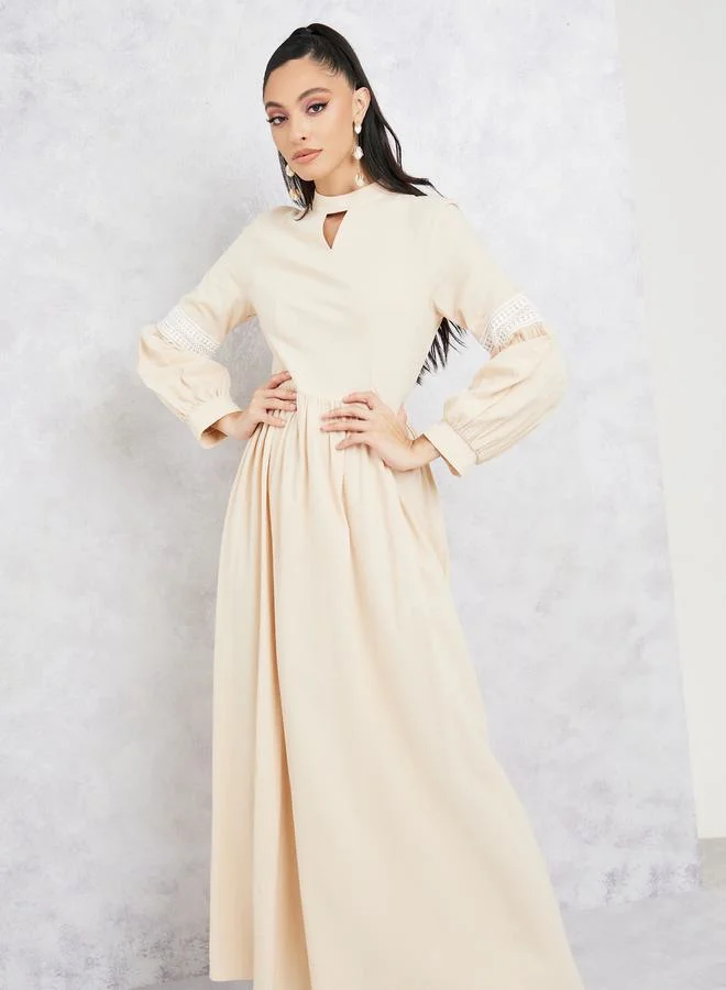 Styli Lace Detail Sleeves High Neck A-Line Maxi Dress