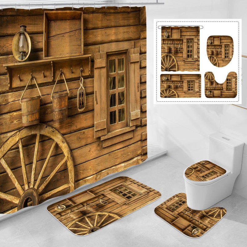 Litabel 4 Pcs Rustic Wooden Farmhouse Shower Curtain Set with Non-Slip Rugs, Toilet Lid Cover and Bath Mat, Farmhouse Bathroom Decor Set with Shower Curtain and Rugs(Hooks Not Included) - Image 1