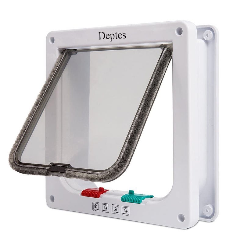 Depets Medium Cat Flap Door with 4 Way Lock Outer Size 75 x 78 Magnetic Pet Door Kit White WeatherResistant Cat Door for Cats Doggy