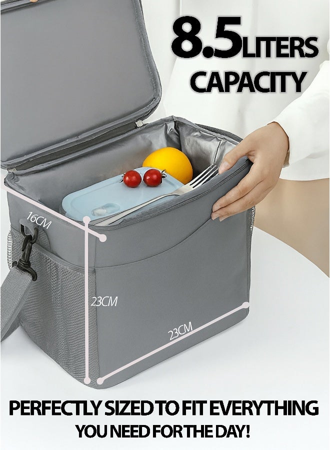 توشيونيكس حقيبة غداء معزولة – مقاومة للتسرب وصديقة للبيئة – مصنوعة من قماش أوكسفورد الحراري – سعة 8.5 لتر – مدمجة ومتينة – مزودة بحزام كتف ومقبض – متعددة الجيوب للتنقل والعمل والمدرسة – فتاحة زجاجات مرفقة – ألوان: أسود، رمادي، أزرق - Image 4