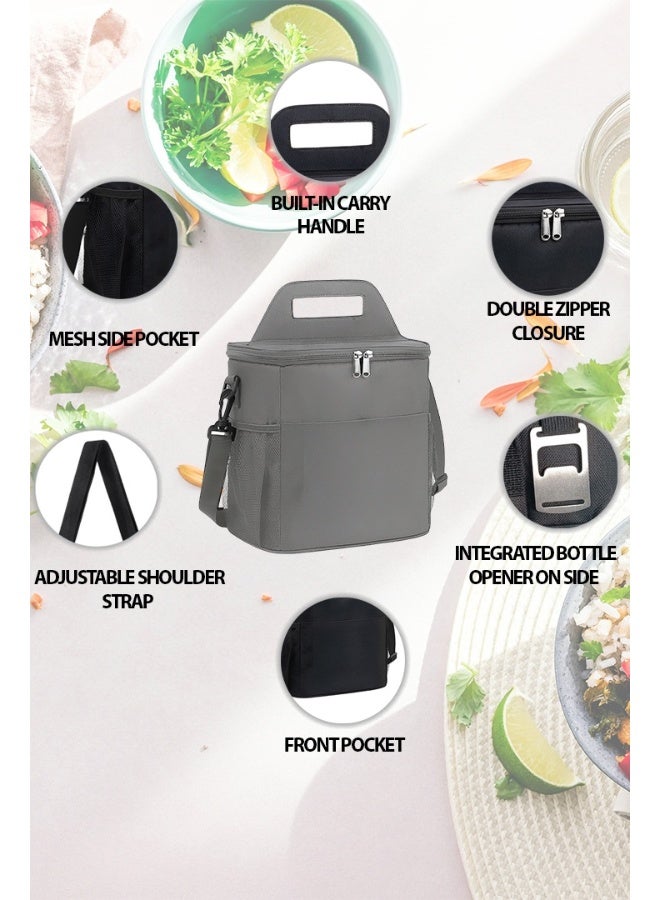 توشيونيكس حقيبة غداء معزولة – مقاومة للتسرب وصديقة للبيئة – مصنوعة من قماش أوكسفورد الحراري – سعة 8.5 لتر – مدمجة ومتينة – مزودة بحزام كتف ومقبض – متعددة الجيوب للتنقل والعمل والمدرسة – فتاحة زجاجات مرفقة – ألوان: أسود، رمادي، أزرق - Image 5