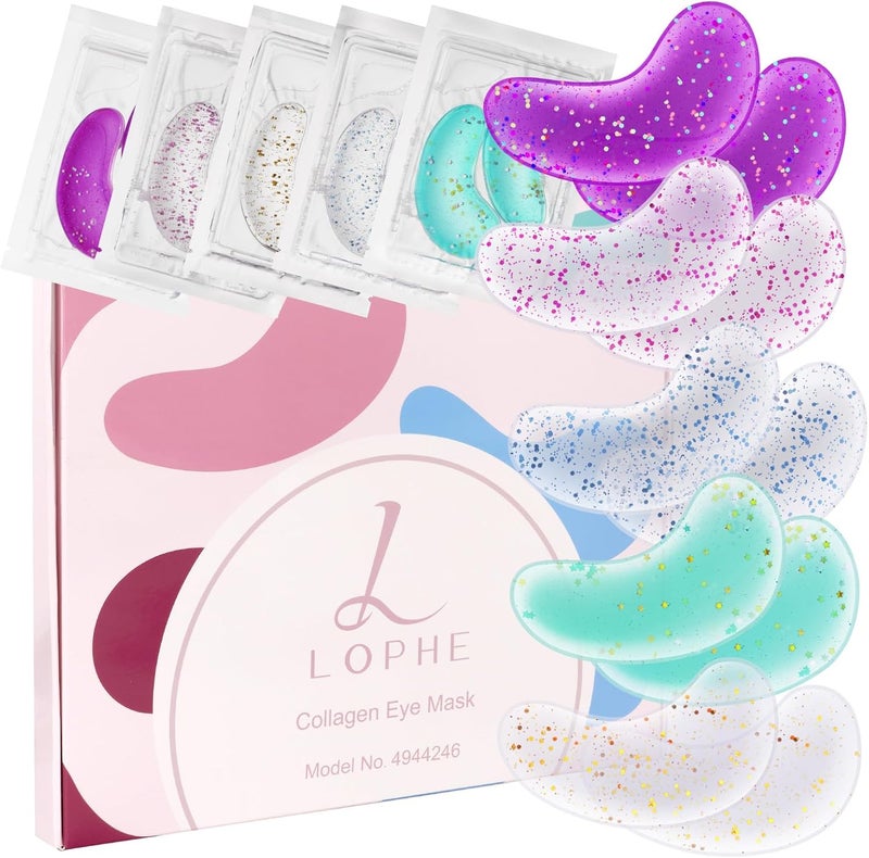 LOPHE 30 Pairs 5 Color Under Eye Patches Glitter Vegan Eye Masks with Abundant Collagen Hydrating Eye Masks Iridescent Eye Patches for Puffy Eyes for Reduce Dark Circles Undereye Bags Wrinkles