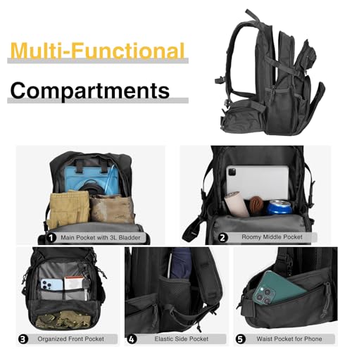 CVLIFE Tactical Hydration Backpack with 3L TPU Water Bladder, 22L Hiking Backpack for Men Women, Heavy Duty Molle Water Backpack with Multiple Compartments for Cycling Running Hunting Camping (Black) - Image 5
