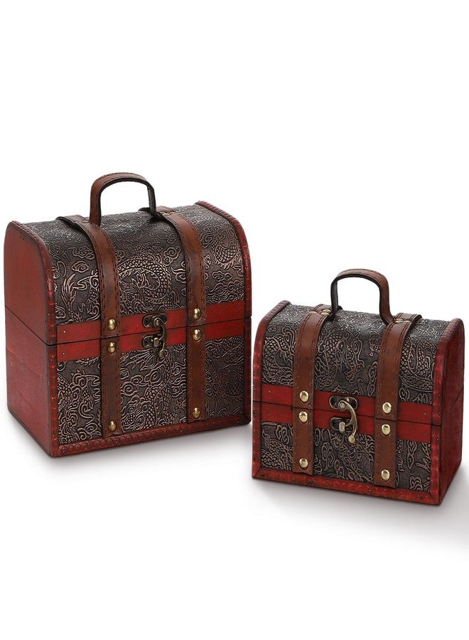 SOUJOY Vintage Treasure Chest Set of 2, Pirate Treasure Box for Party Decor, Wooden Nesting Boxes with Embossed Dragon Pattern, Antique Style Storage Case for Jewelry Ornaments, Gifts, Postcards - Image 1