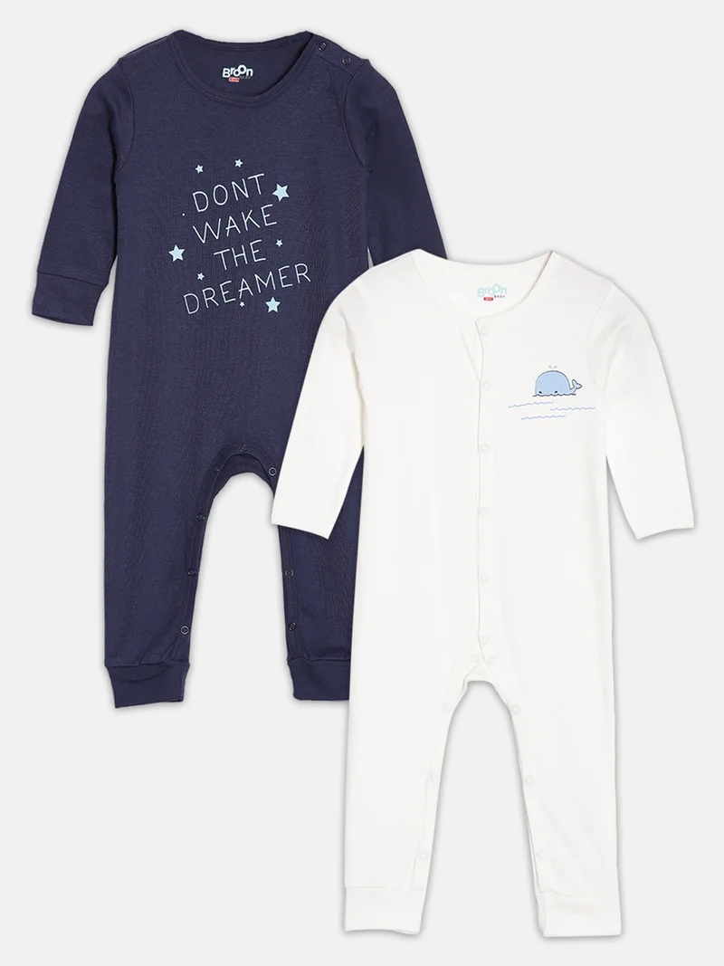 Broon Broon Infant Boys Navyblue and Offwhite Printed Organic Cotton Sleepsuit Pack of 2