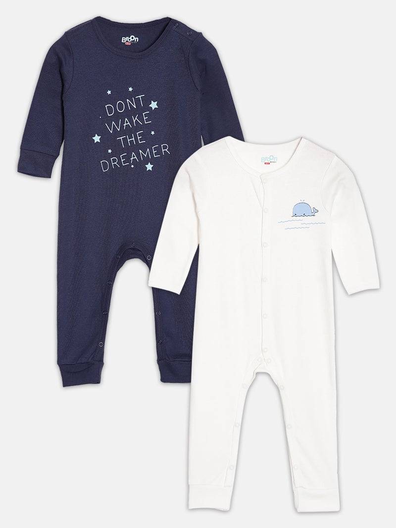 Broon Infant Boys Navyblue and Offwhite Printed Organic Cotton Sleepsuit Pack of 2 - Image 1