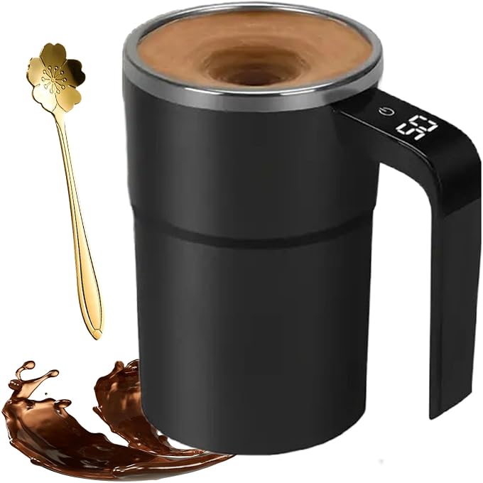 Electric Coffee Mug with a Built-in LCD Thermometer, Automatic Magnetic Stirring Coffee Mug, 380ML/13OZ, Stainless Steel Self Stirring Cup with Lid, Perfect for Brewing Coffe-e, Milk, Cocoa (Black) - Image 1