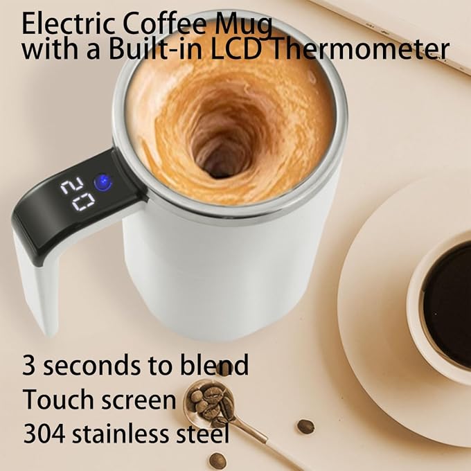 Electric Coffee Mug with a Built-in LCD Thermometer, Automatic Magnetic Stirring Coffee Mug, 380ML/13OZ, Stainless Steel Self Stirring Cup with Lid, Perfect for Brewing Coffe-e, Milk, Cocoa (Black) - Image 2