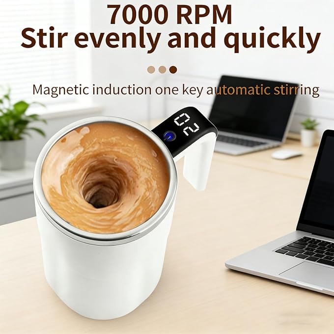 Electric Coffee Mug with a Built-in LCD Thermometer, Automatic Magnetic Stirring Coffee Mug, 380ML/13OZ, Stainless Steel Self Stirring Cup with Lid, Perfect for Brewing Coffe-e, Milk, Cocoa (Black) - Image 3