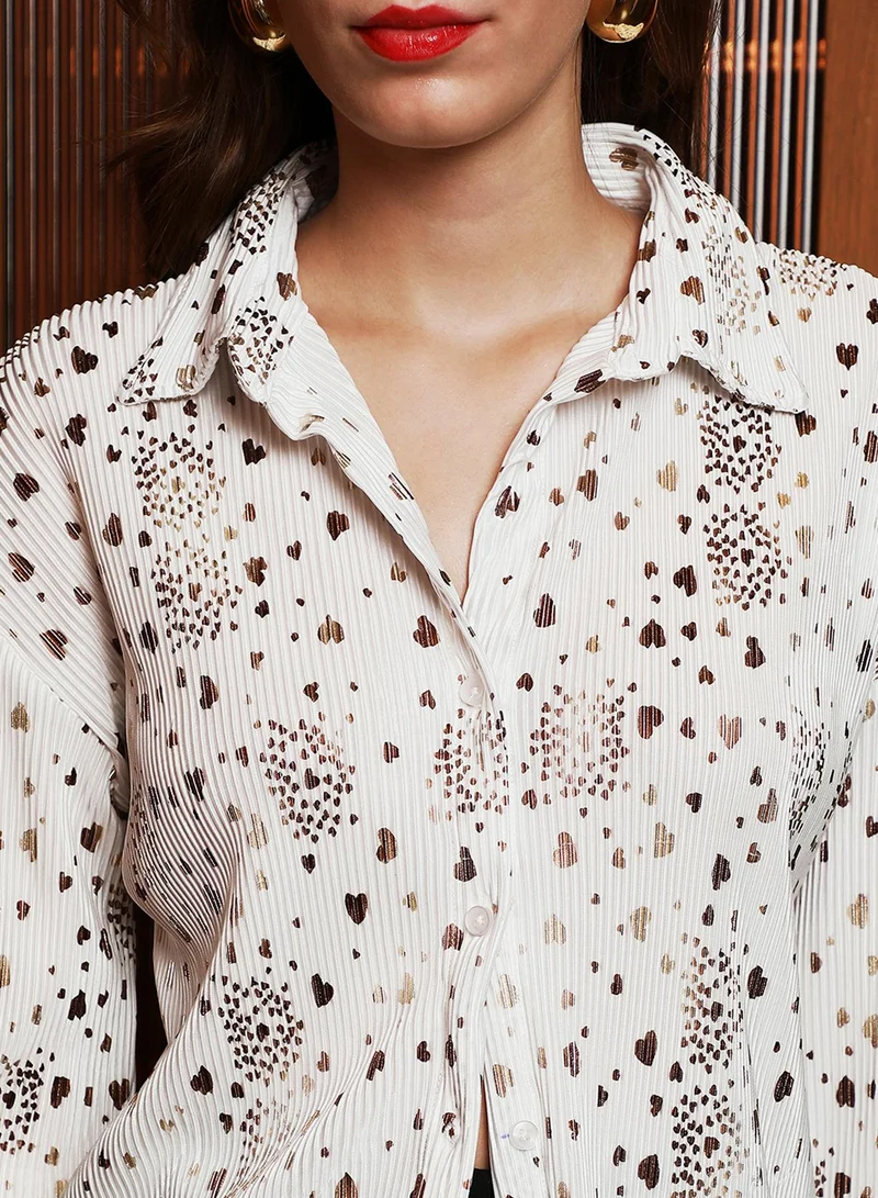 PINACOLADA Women's White & Gold Pleated-Coeur Oversized Shirt For Casual Wear | Spread Collar | Long Cuffed Sleeves | Button Closure | Oversized Shirt Designed With Comfortable Fit For Woman & Girls
