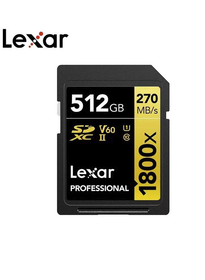 بطاقات Lexar 512GB Professional 1800x SDXC UHS-II، سرعة قراءة تصل إلى 270 ميجابايت/ثانية، C10، V60، U1 بطاقة SD