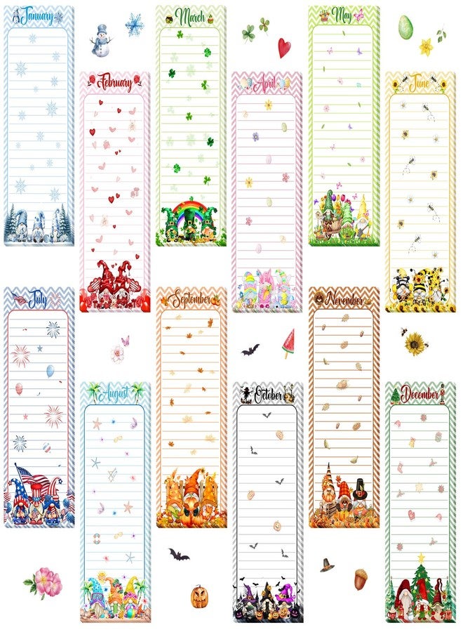 Eaasty 12 Pcs Seasonal Holiday Magnetic Notepads for Refrigerator Gnome Monthly Magnetic Grocery List 9 x 3.5" Magnet Memo Pads 30 Sheets Per Pad Shopping to Do List for January to December - Image 1