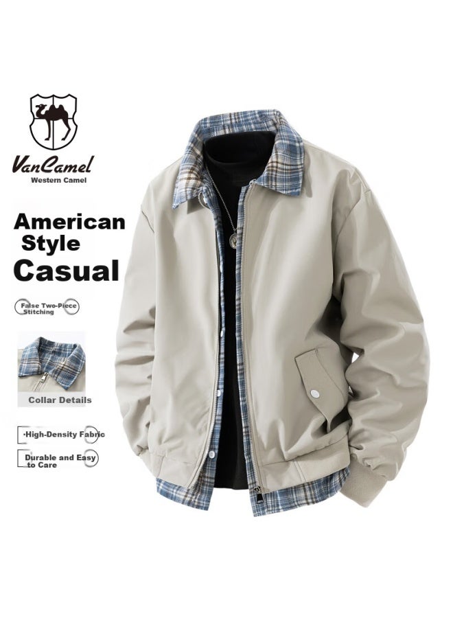 Vancamel Men's Jacket Youth Turn-down Collar Workwear Casual Two-in-one Outdoor Windproof Coat Apricot 4XL - Image 1