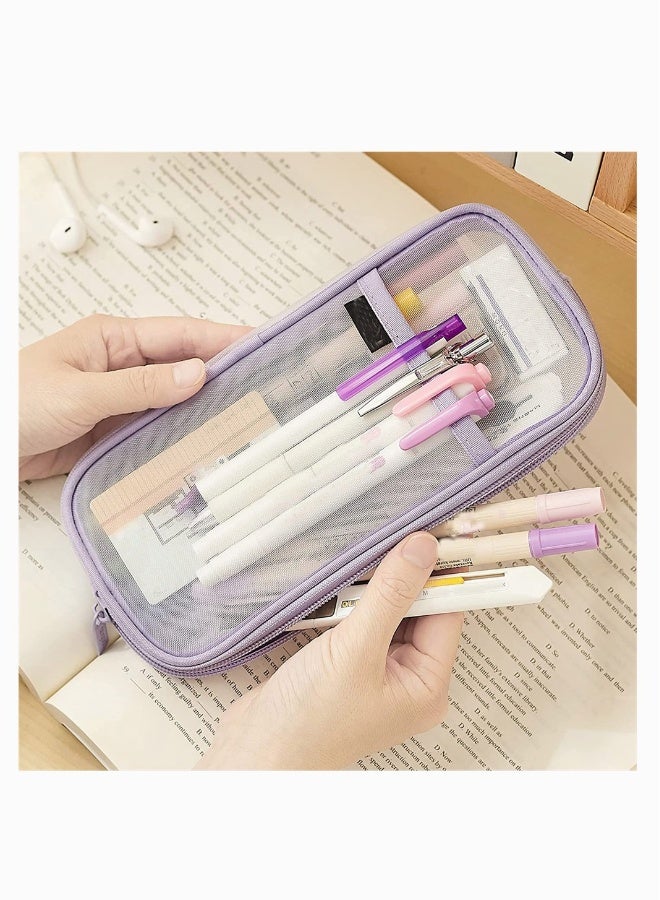 Multi Purpose Clear Mesh Zipper Bag for School and Travel Ideal for Pens Makeup and Accessories in Purple - Image 5