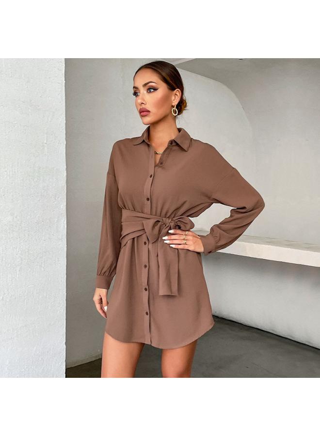 Independent Station European And American Women's New Cardigan Lace-up Lapel Autumn Long Sleeve Shirt Dress