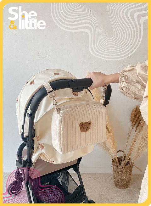 حقيبة حفاضات للأطفال، حقيبة ماما بتطريز دب، منظم تخزين متعدد الوظائف، خفيفة الوزن ومناسبة لعربة الأطفال للسفر