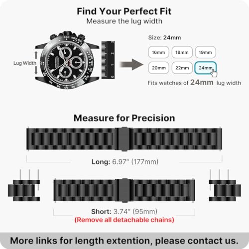 Fullmosa 24mm Stainless Steel Watch Band, Quick Release Metal Replacement Strap with Removable Links, Includes Spring Bars & Link Removal Tool for Men Women (Black) - Image 5