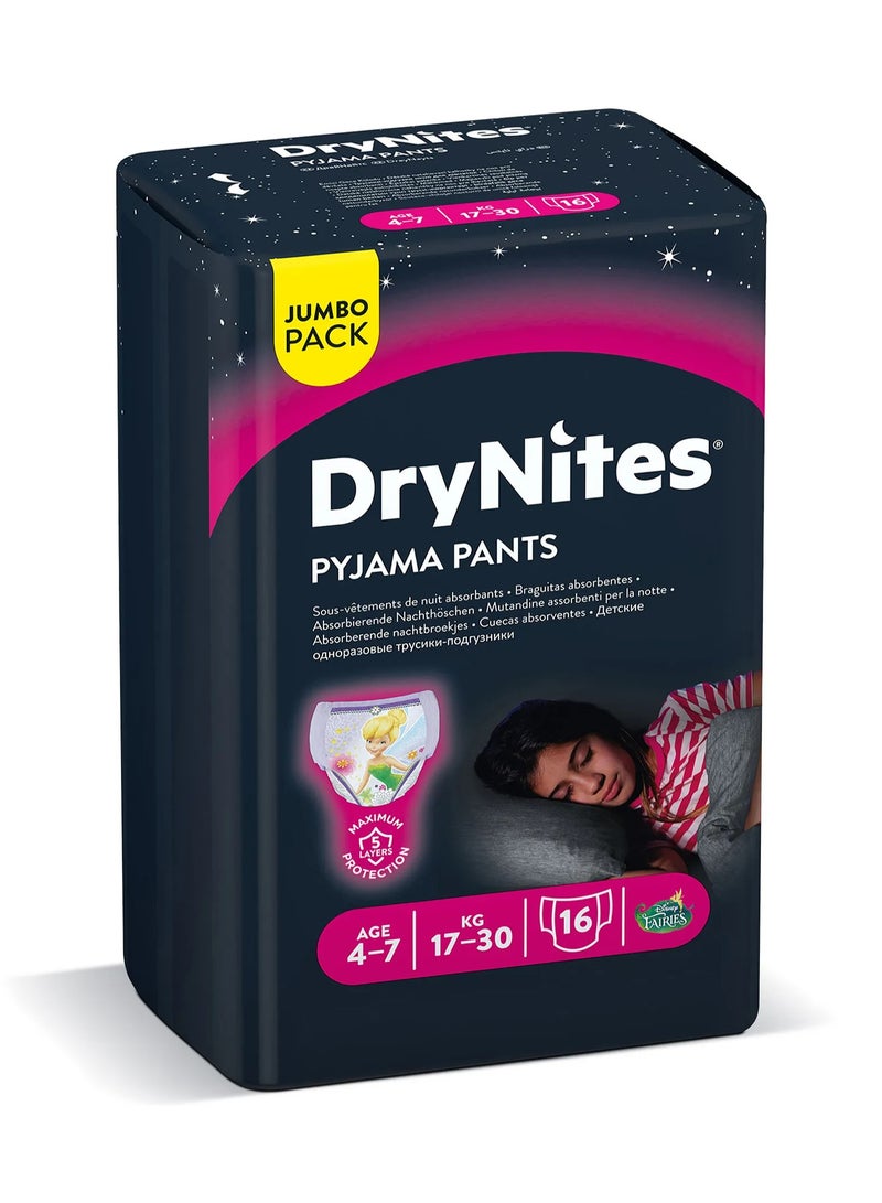 HUGGIES DryNites Pyjama Pants, 16 Pieces Jumbo Pack, For Girls Age 4-7, 17-30kg - Night-Time Protection, Super Absorbent, 5 Layers, Leak Free
