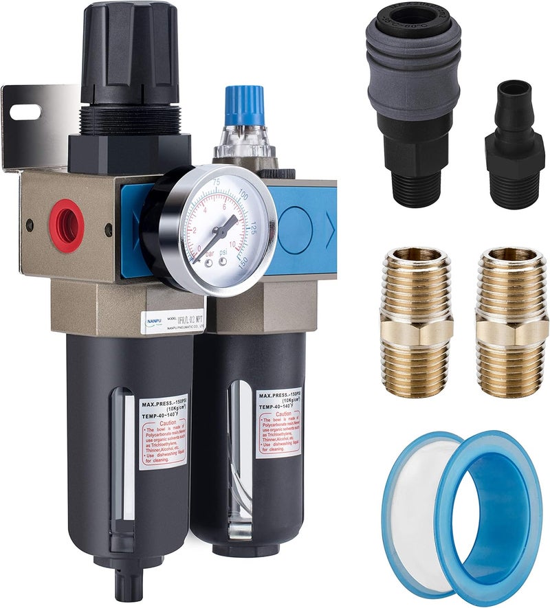 NANPU 1/4" NPT Compressed Air Filter Regulator Lubricator (FRL), 5 Micron Brass Element, 0-150 psi Gauge, Manual Drain, Metal Bracket - Image 1