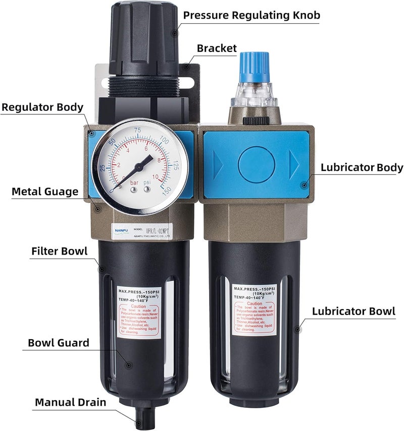 NANPU 1/4" NPT Compressed Air Filter Regulator Lubricator (FRL), 5 Micron Brass Element, 0-150 psi Gauge, Manual Drain, Metal Bracket - Image 5