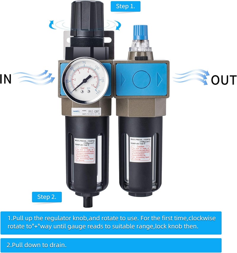NANPU 1/4" NPT Compressed Air Filter Regulator Lubricator (FRL), 5 Micron Brass Element, 0-150 psi Gauge, Manual Drain, Metal Bracket - Image 4