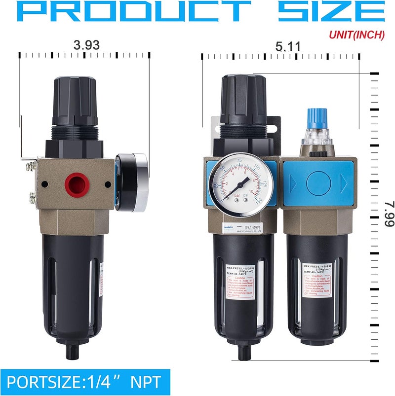NANPU 1/4" NPT Compressed Air Filter Regulator Lubricator (FRL), 5 Micron Brass Element, 0-150 psi Gauge, Manual Drain, Metal Bracket - Image 2