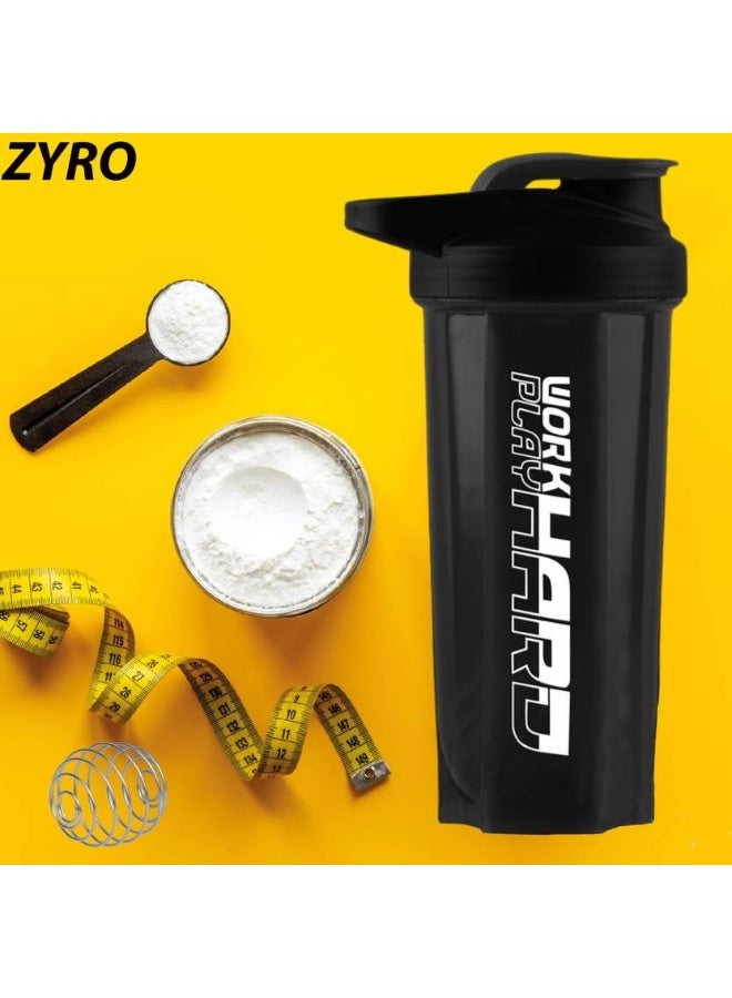 ZYRO ZYRO Work Hard Protein Gym Sipper Bottle with Stainless Steel Spring Ball 700 ml Shaker  (Pack of 1, Black, Plastic) - Image 2