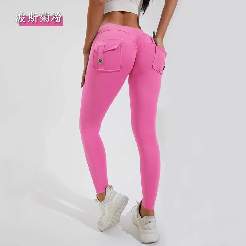 Generic 2024 yoga pants peach hip cross-border work pocket tights womens sports fitness pants hip yoga clothing wholesale Cosmos powder