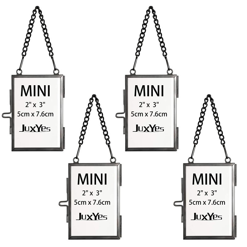 JUXYES Set of 4 Mini Brass Wall Hanging Photo Frame Glass Hanging Picture Artwork Display Frame Double Glass Floating Frame Style Gallery Wall Frame for Picture etc BlackVertical