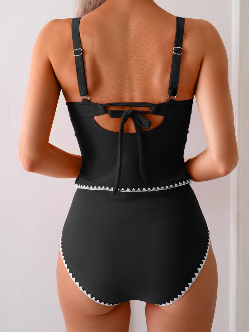 Eomenie Tankini Swimsuit for Women Tummy Control Ruched Two Piece Bathing Suits High Waisted Shell Stitch Swimwear Black - Image 2