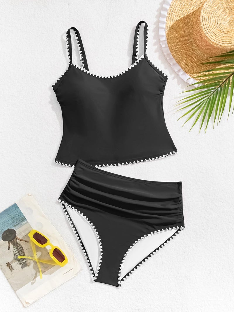 Eomenie Tankini Swimsuit for Women Tummy Control Ruched Two Piece Bathing Suits High Waisted Shell Stitch Swimwear Black - Image 5