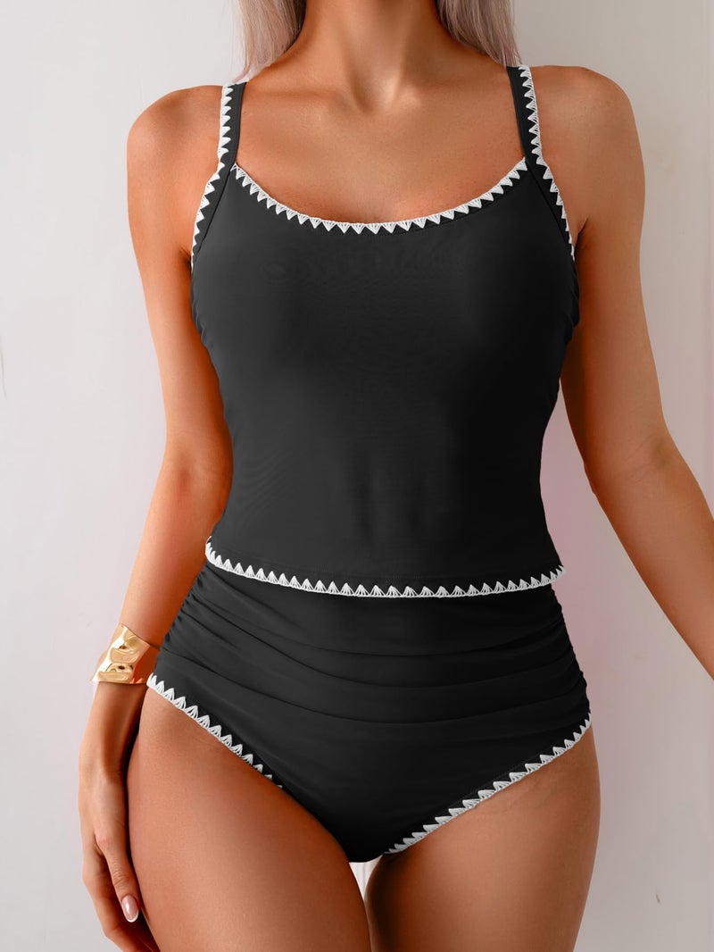 Eomenie Tankini Swimsuit for Women Tummy Control Ruched Two Piece Bathing Suits High Waisted Shell Stitch Swimwear Black - Image 4