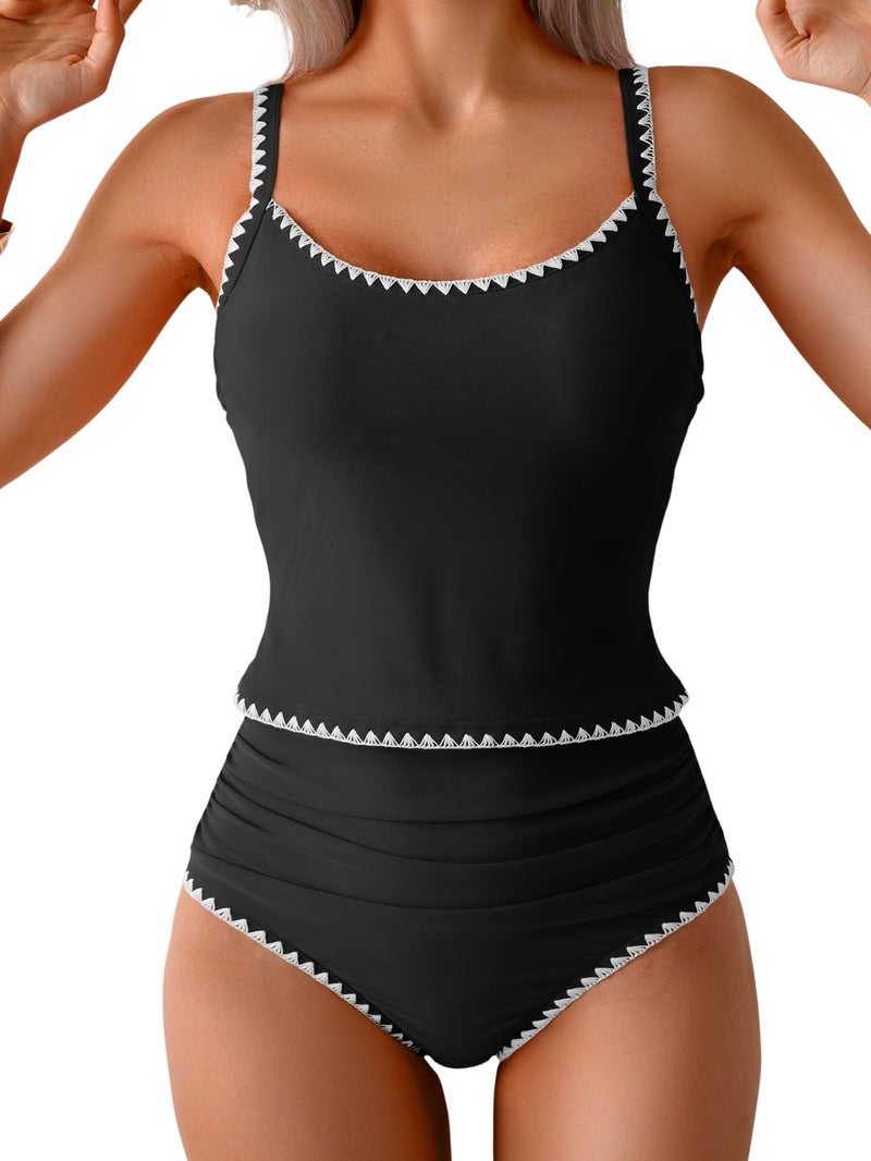 Eomenie Tankini Swimsuit for Women Tummy Control Ruched Two Piece Bathing Suits High Waisted Shell Stitch Swimwear Black - Image 1