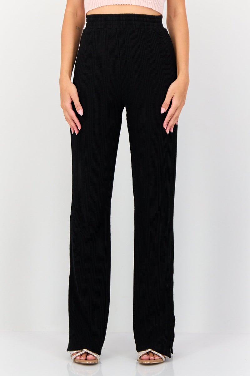 KOTON سروال نسائي بقصة عادية مع شق جانبي مضلع، أسود - Image 1