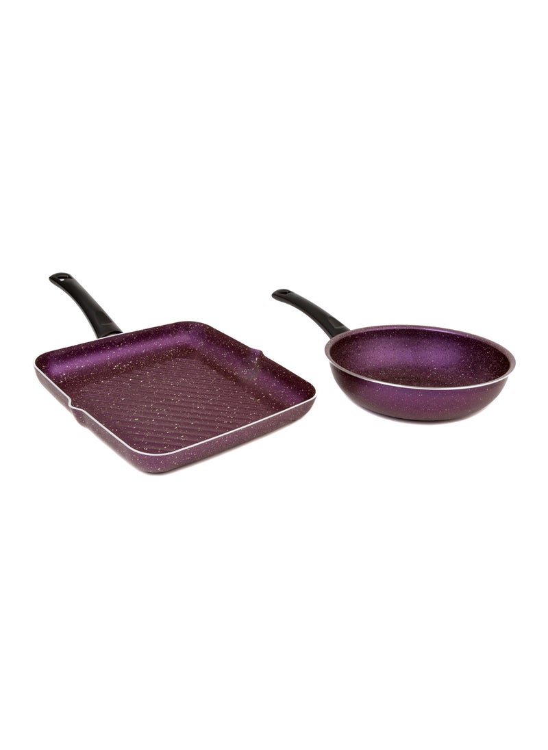 LAZORD Granite Cooking Deep Frying Pan And Grill Pan Set Purple 2 Piece 