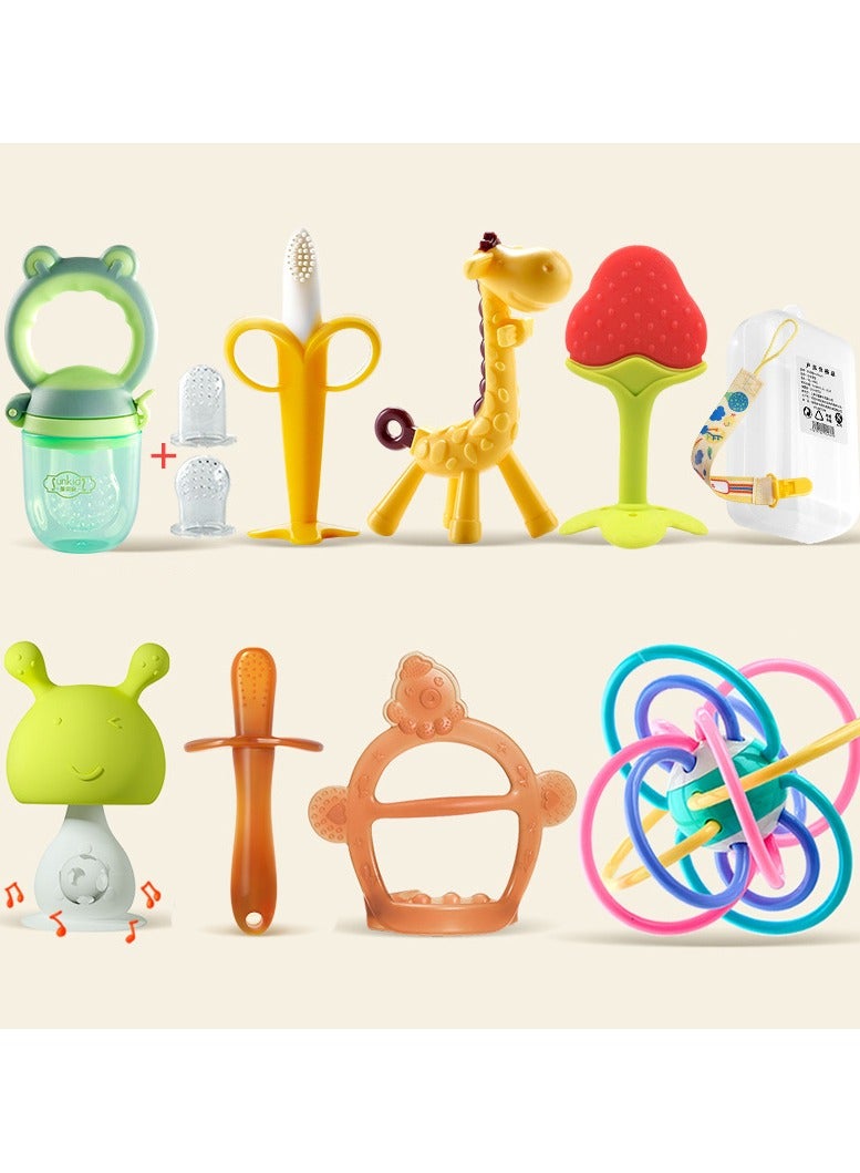 NIBEMINENT 10 Pack Silicone Teething Toys for Infant Toddlers, Remote Control Shape Teethers, Soothe Babies Teething Relief Sore Gums, Banana Finger Toothbrush, Fruit Shape Giraffe Teether Set for Babies - Image 1