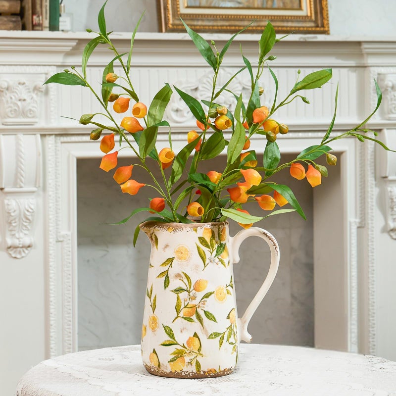 Vintage Lemon Ceramic Vase with Handle Retro Ice Glazed Crack Farmhouse Pitcher Vase for Home Decor Living Room Shelf Office Rustic Table Centerpiece 9 Inch